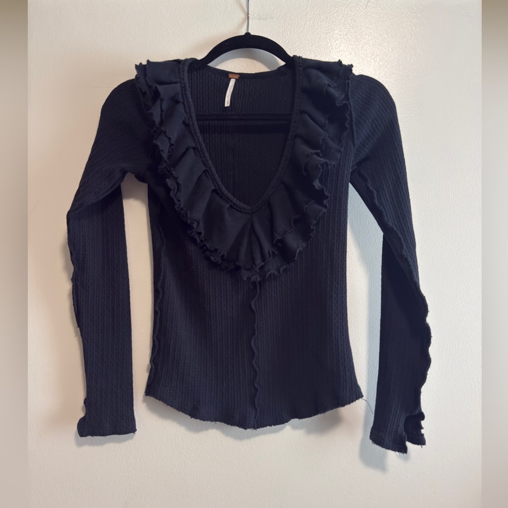 Free People Bennet Black Ruffle Thermal Long Sleeve Top XS